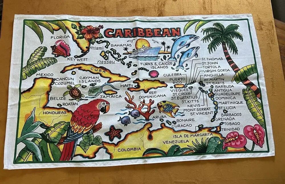 Caribbean Map Souvenir Tea Towel 100% Cotton Tropical Islands Parrot Dolphins